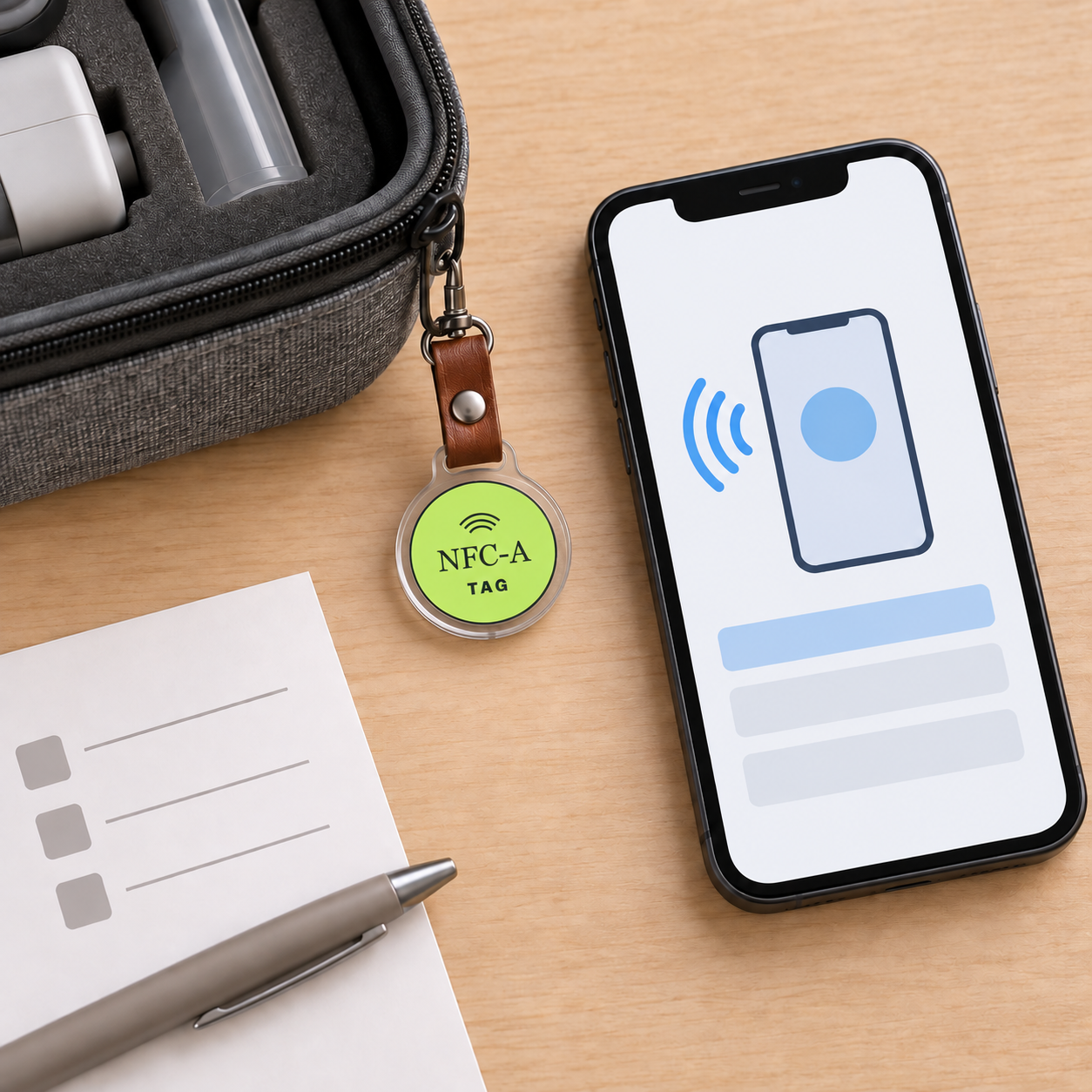 A branded NFC-A Tag coin and phone beside a generic demonstration case and blank reference sheet.