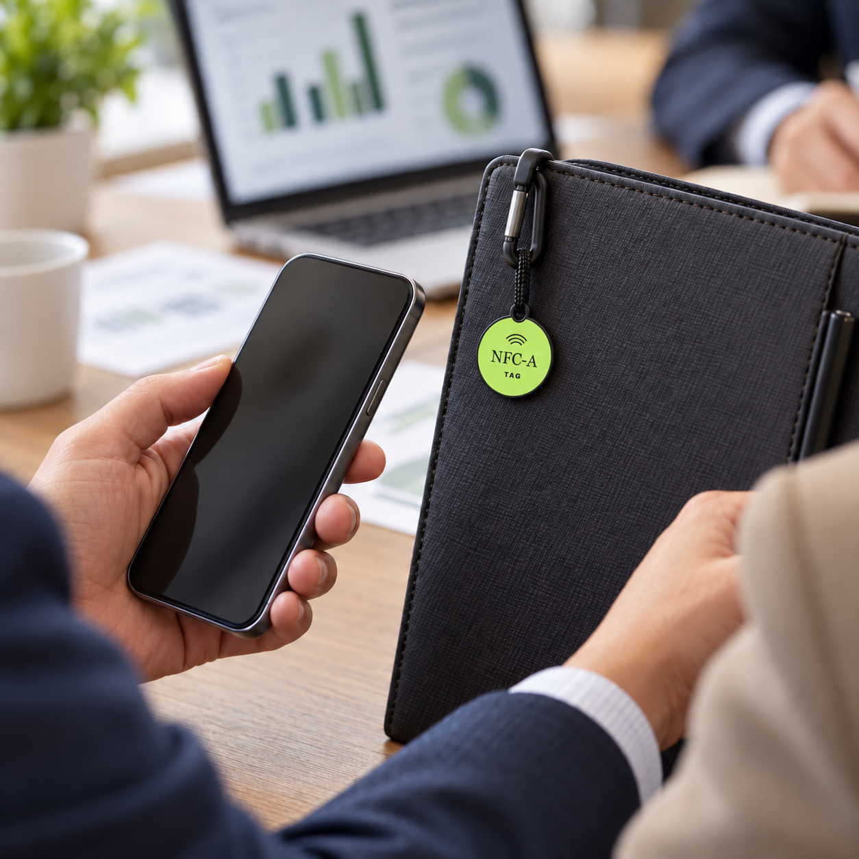 Hands review finance materials beside a phone and a 30 mm NFC-A TAG coin clipped to a folio.