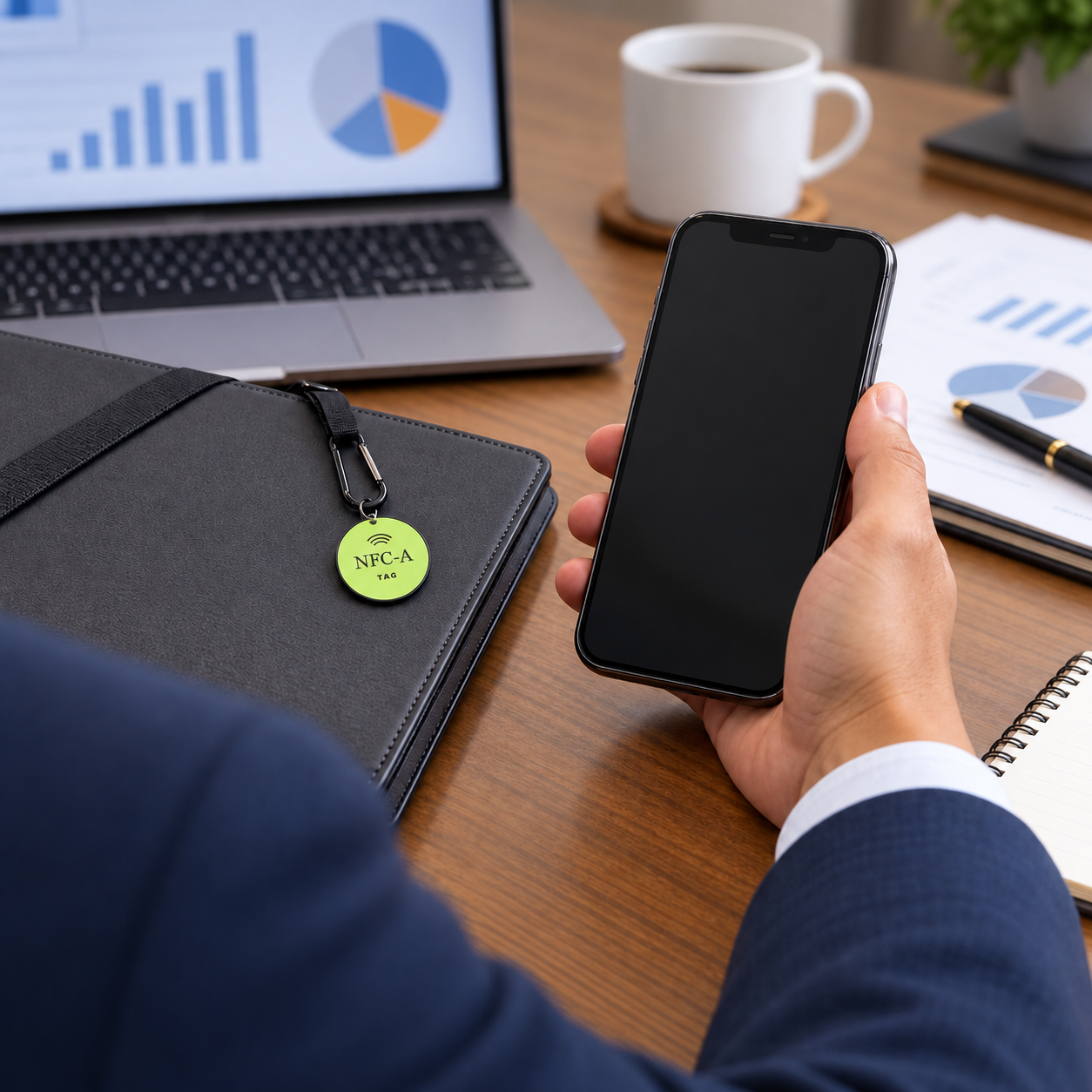A hand holds a phone beside the NFC-A TAG coin clipped to a finance-team folio.
