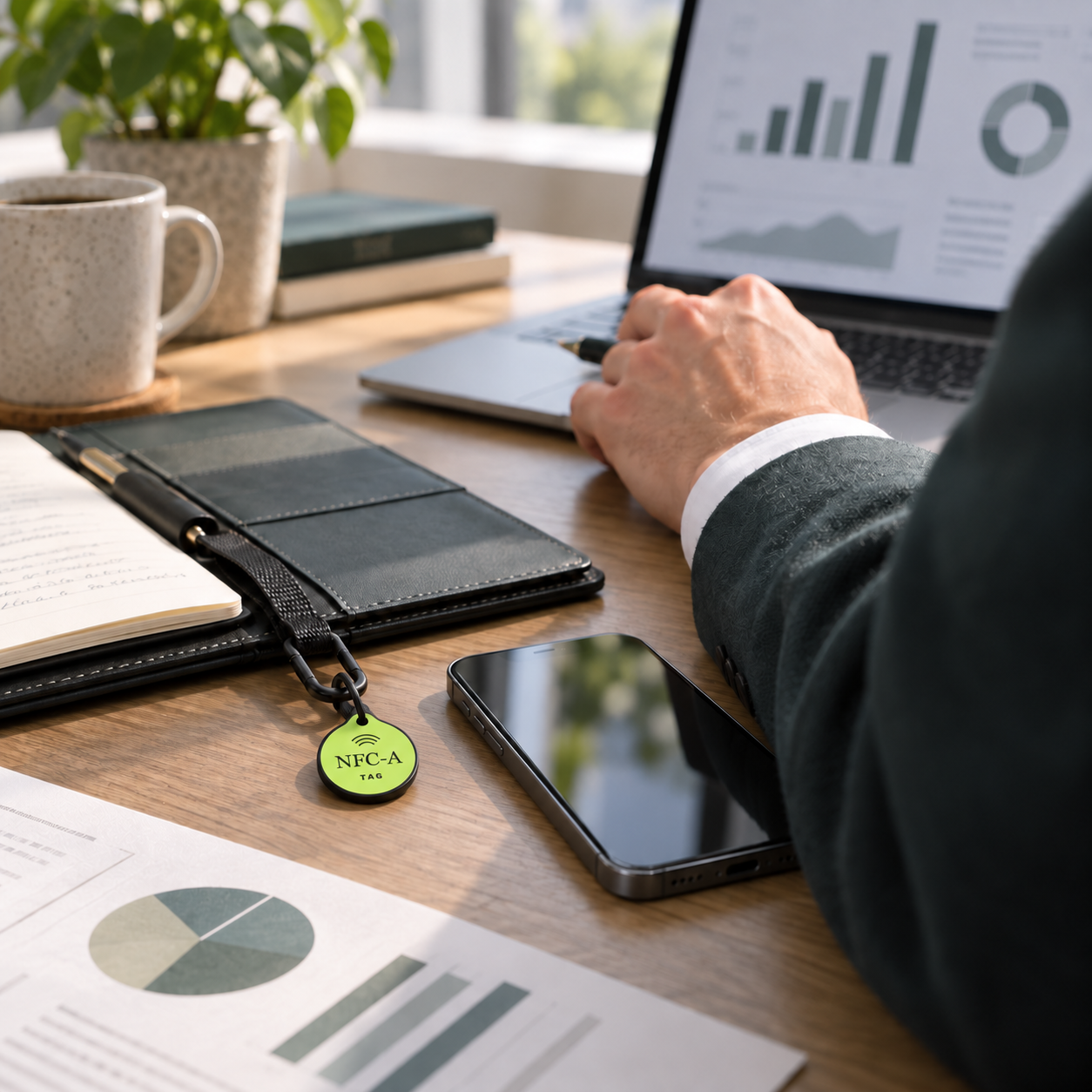 A phone and small NFC-A TAG coin rest beside a finance folio during a workday.