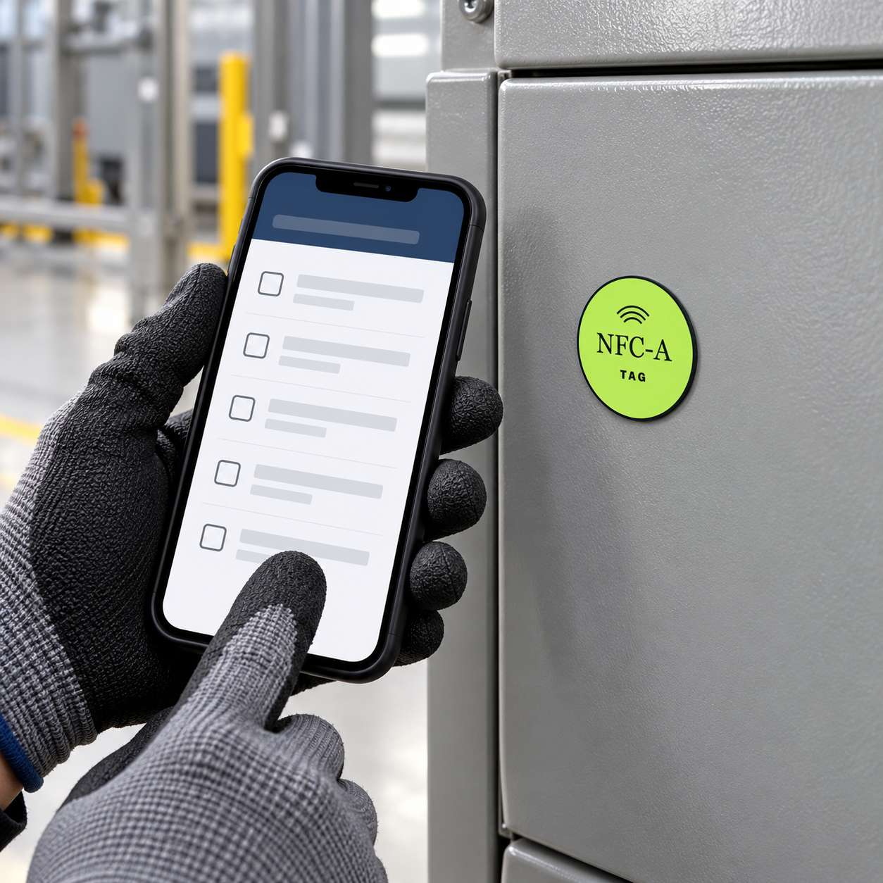 A worker holds a phone with a generic checklist beside a closed equipment cabinet with a lime NFC tag.