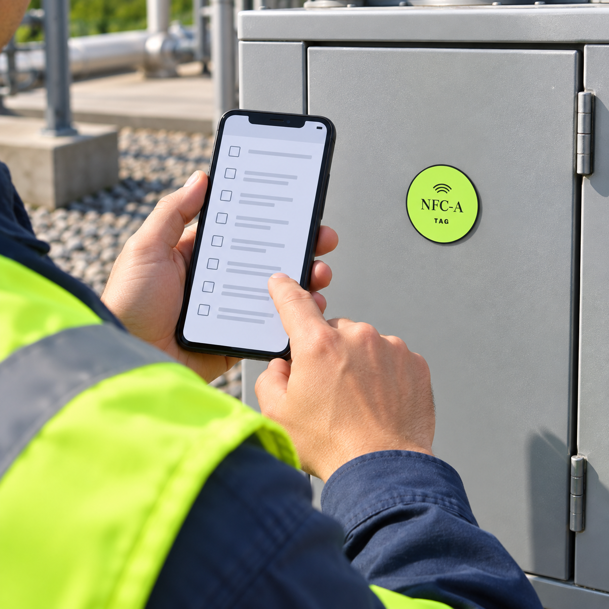A phone opens a generic pre-use checklist beside an NFC tag mounted on a closed outdoor equipment unit.