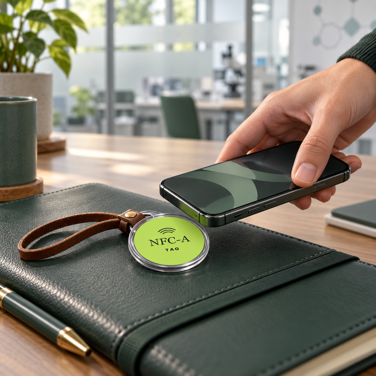 A hand holds a phone above an NFC tag in a clear holder on a dark laboratory briefing folio.