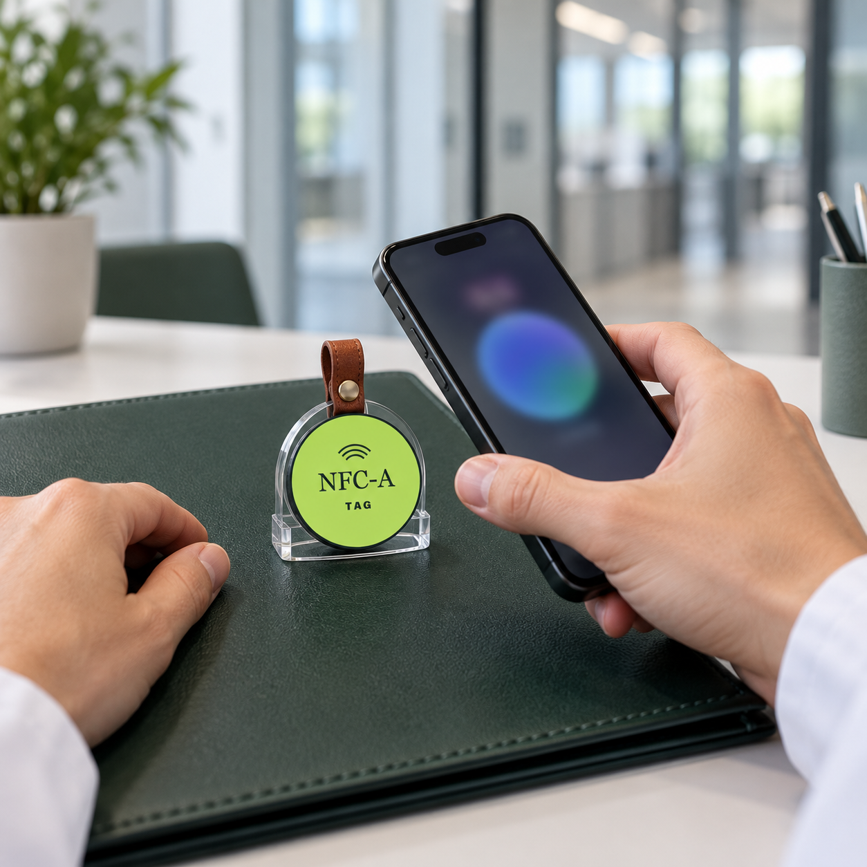 A phone and NFC tag in a clear holder sit together on a shared innovation briefing folio.