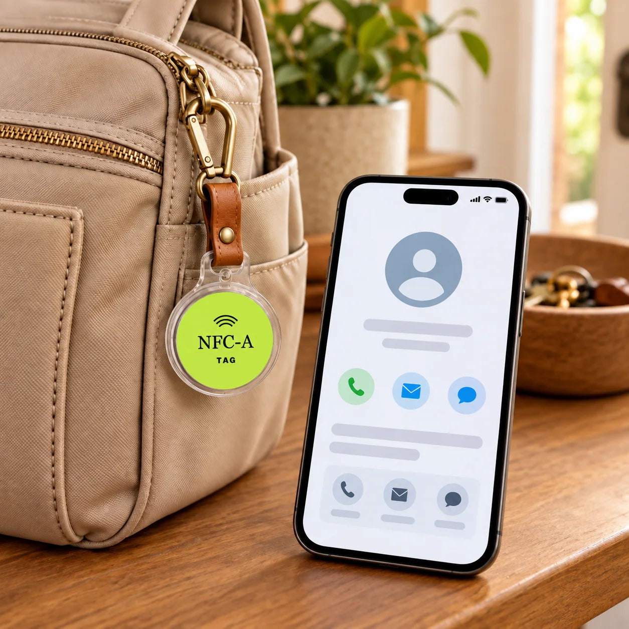 A lime NFC-A TAG coin hangs beside a diaper bag and a phone showing generic contact options.
