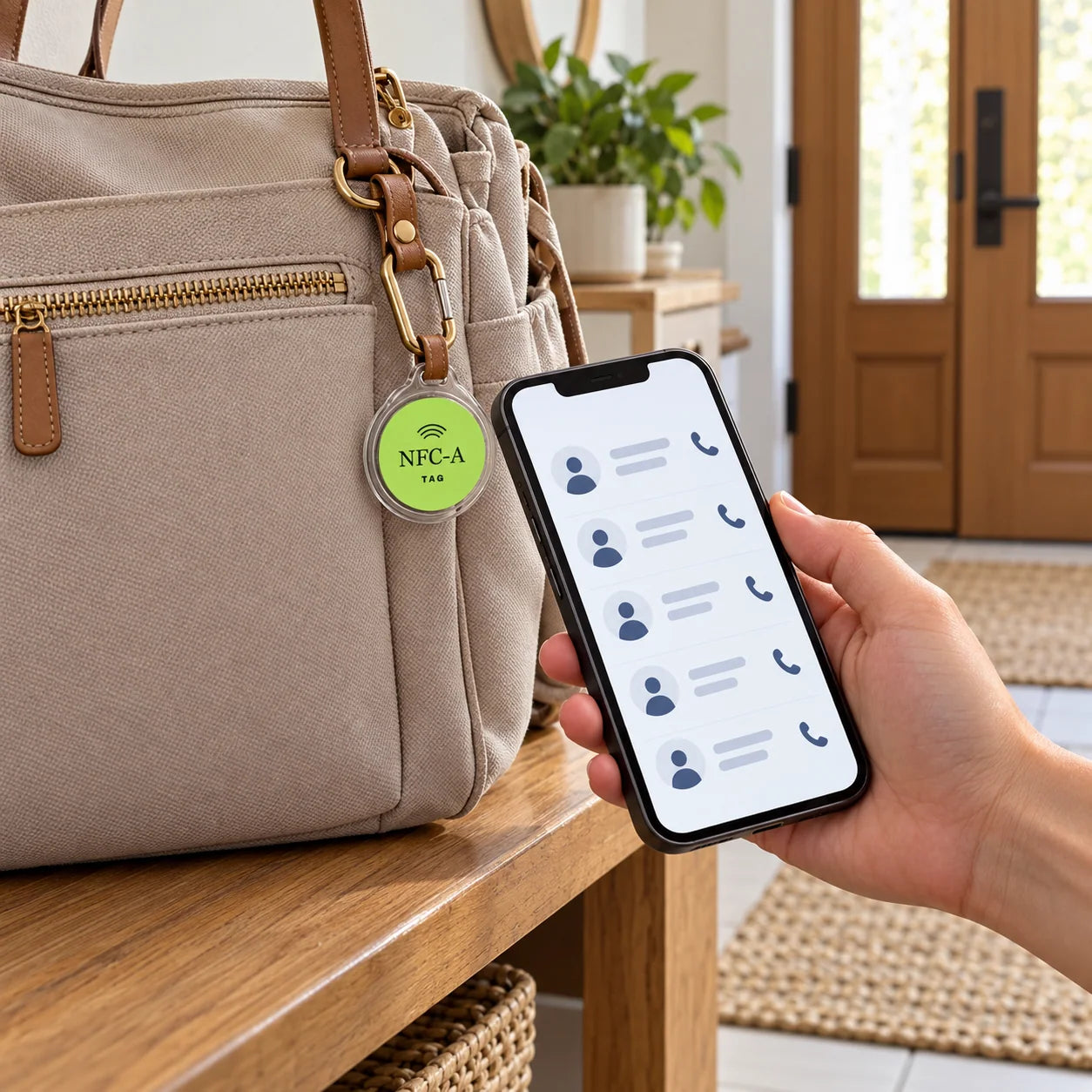 A hand brings a phone near the lime NFC-A TAG coin attached to a diaper bag.