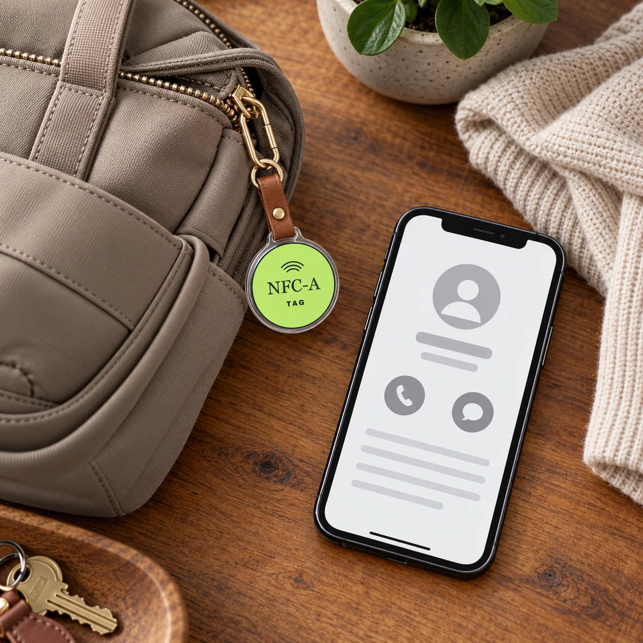 A diaper bag and lime NFC-A TAG coin sit beside a phone with generic contact icons.