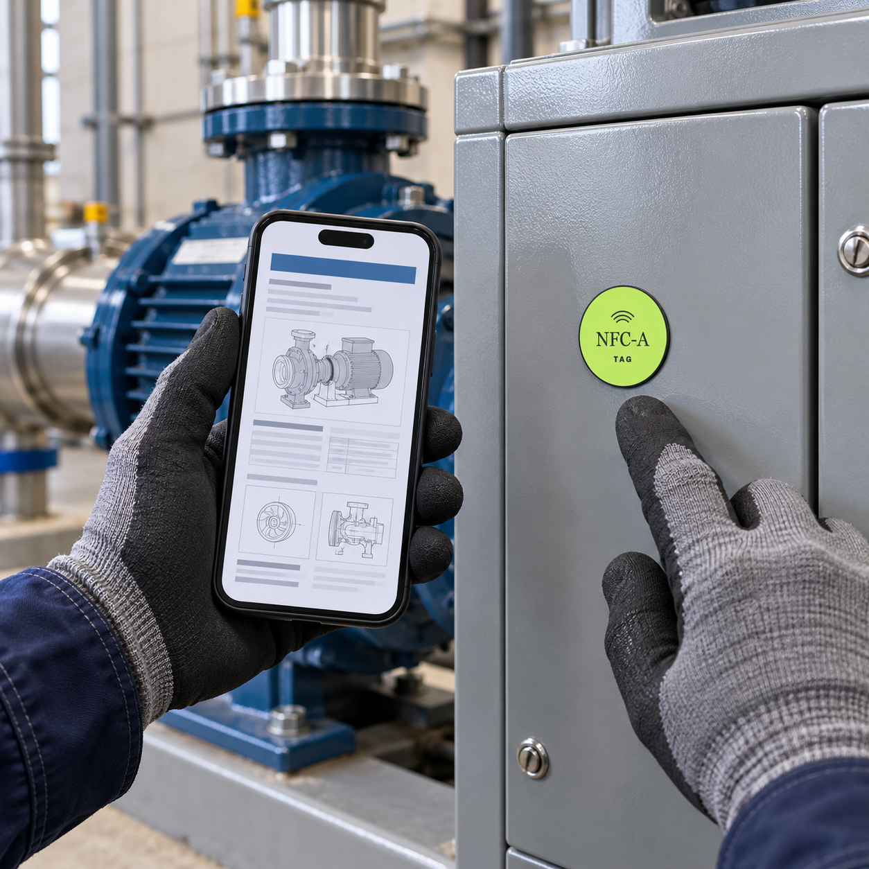 A technician opens a generic equipment manual on a phone beside an NFC tag on a closed metal equipment cabinet.