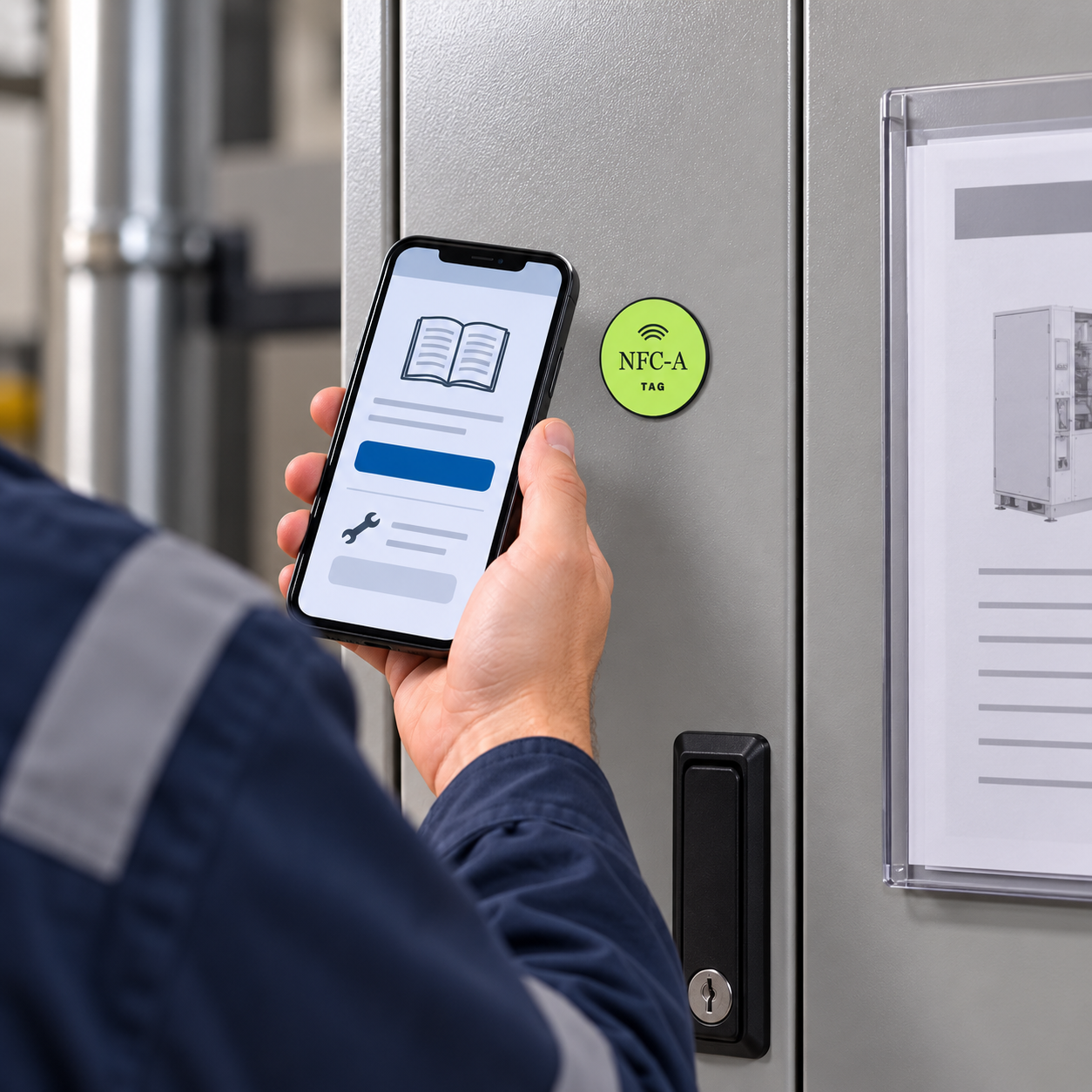 A phone with a generic manual interface is held beside an NFC tag mounted on an unbranded metal equipment panel.