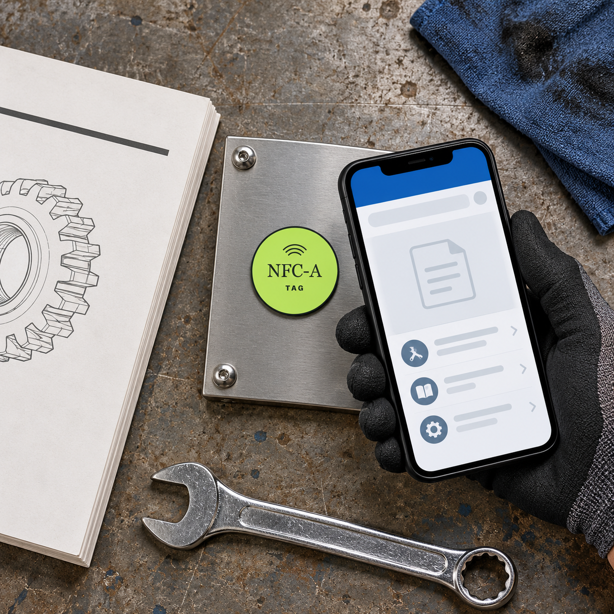 A small lime NFC tag on a metal equipment sample sits beside a service manual and phone.