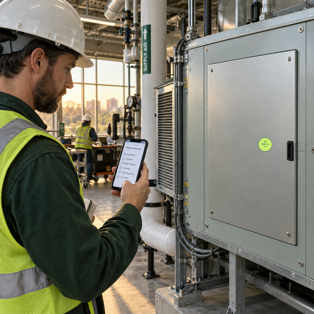 A building-operations worker checks a closeout resource on a phone beside a mechanical unit carrying a round NFC-A TAG sticker.