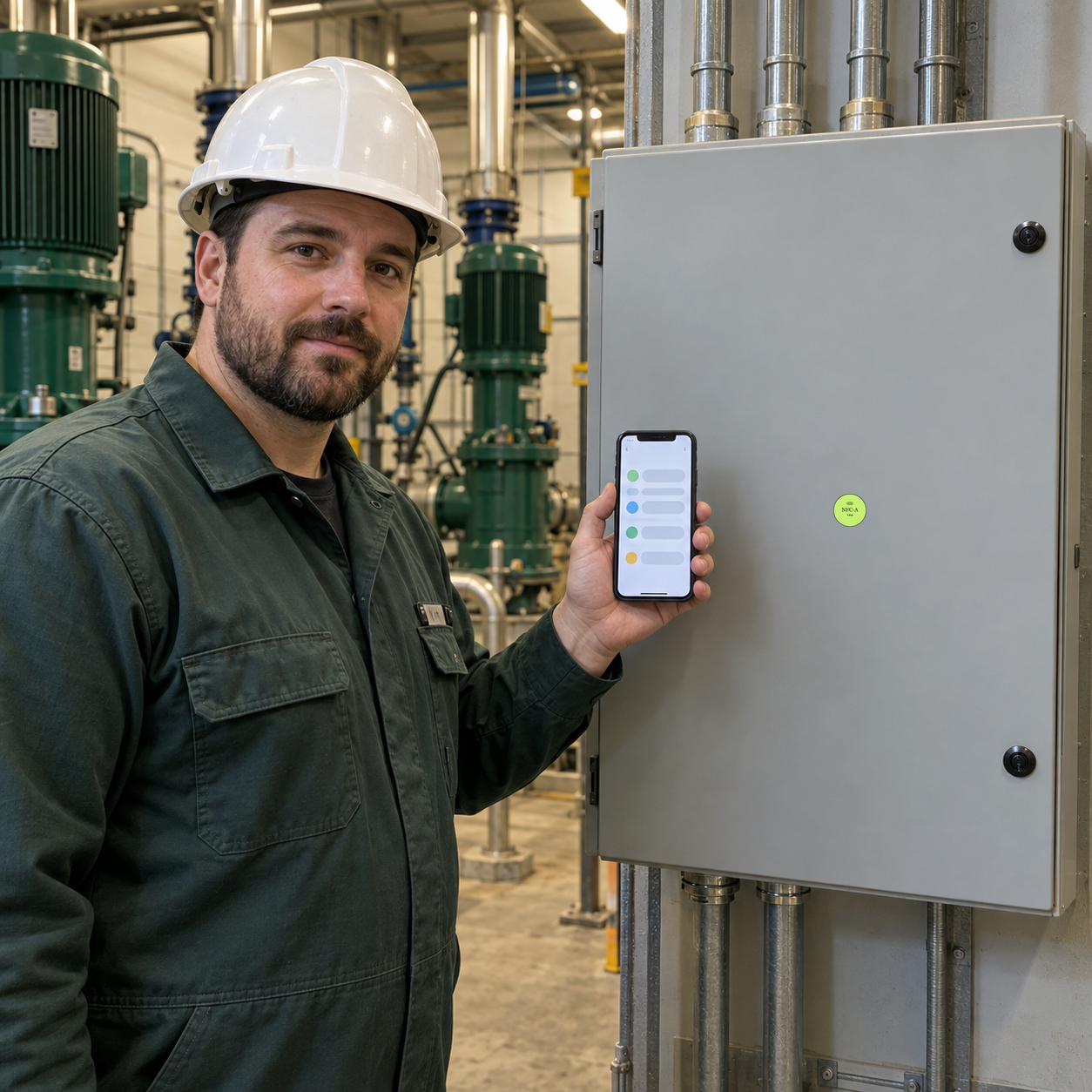 A facilities engineer holds a phone beside a building-services equipment cabinet marked with a small round NFC-A TAG sticker.