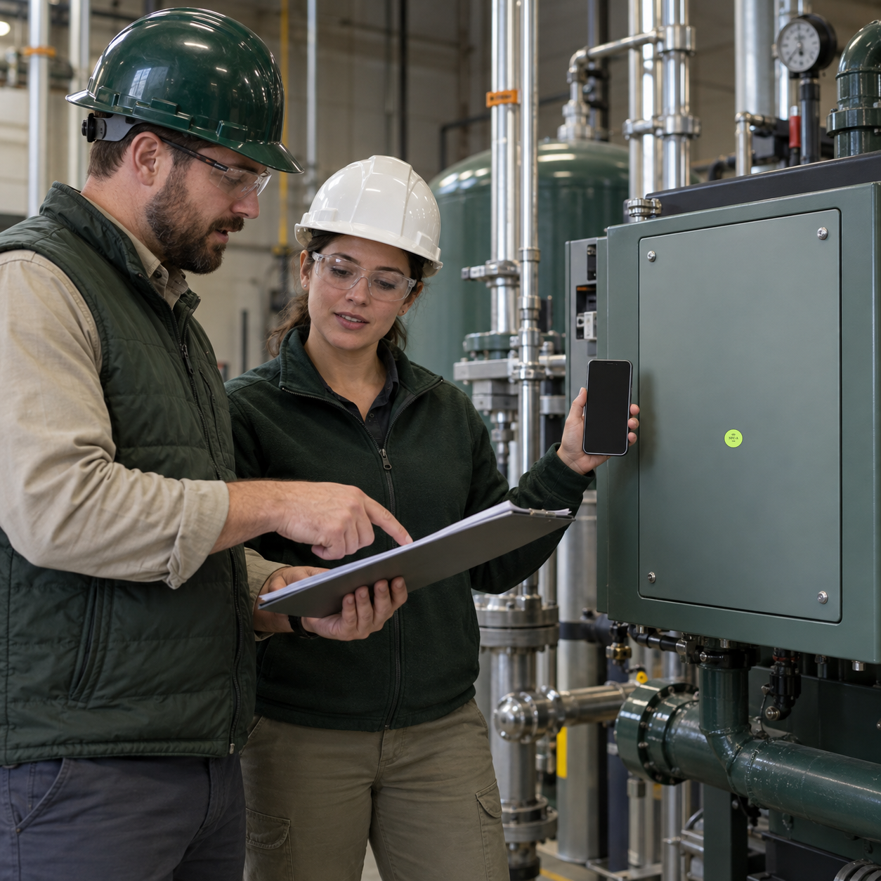 Two facilities team members review turnover information beside a building-equipment cabinet with a round NFC-A TAG sticker.
