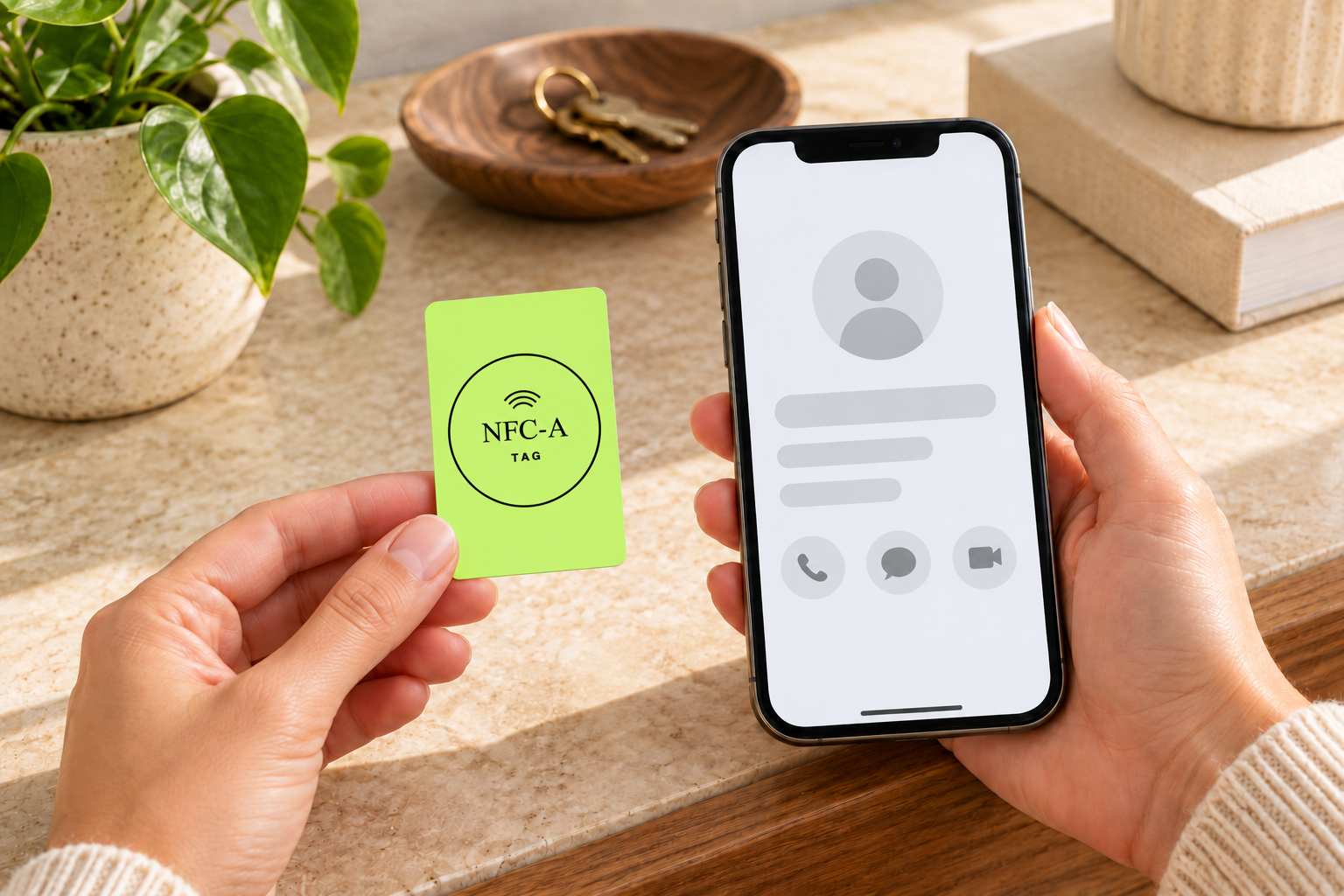 Lime-green NFC tag family contact card held beside a smartphone showing generic contact placeholders.
