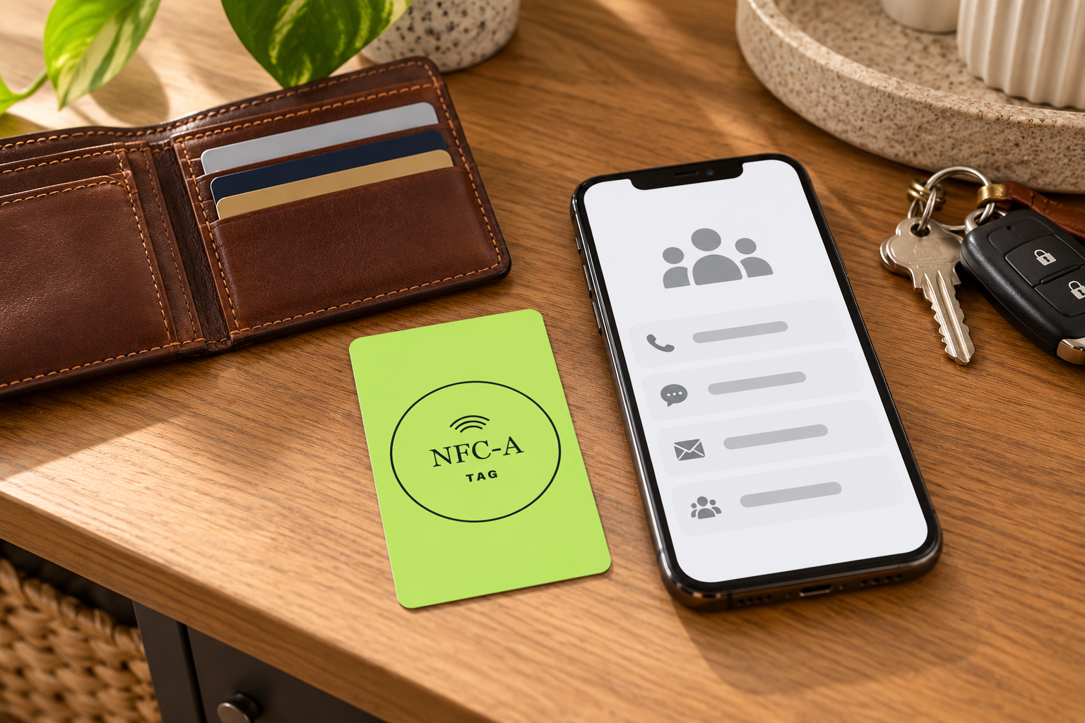 NFC family contact card beside a wallet and smartphone displaying a generic household contact page.