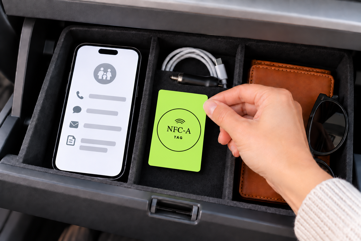 Lime-green NFC tag family contact card being placed in a vehicle glovebox beside a phone with generic instruction placeholders.