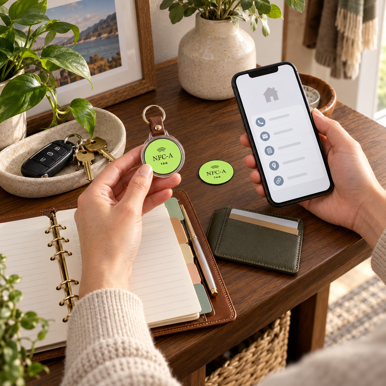 Parent organizes a family NFC tag, wallet card, and home reference links beside a phone.