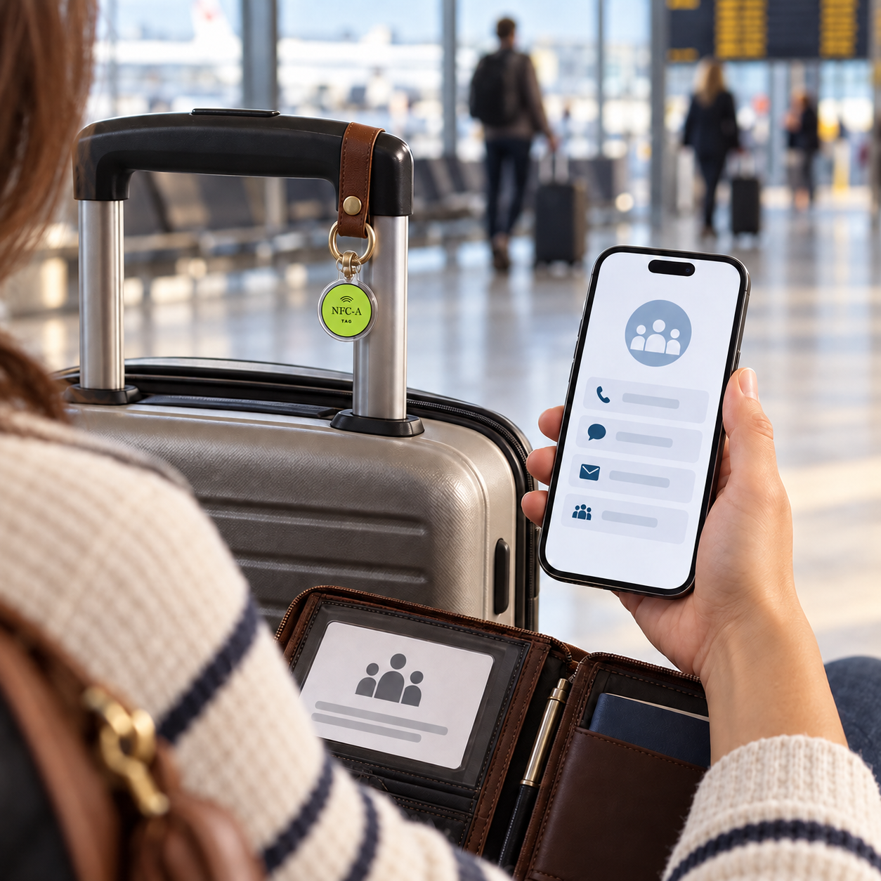 A realistically sized NFC-A Tag coin on luggage beside a phone with a generic family recovery profile.