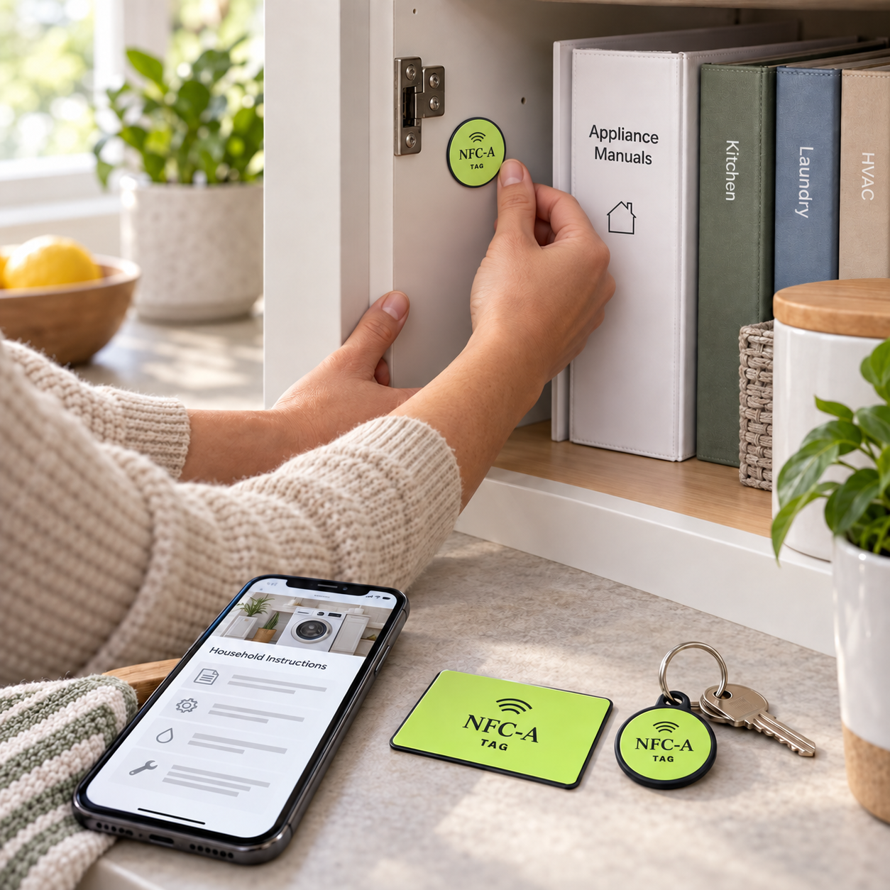 Weatherproof NFC tag near household manuals with a phone and wallet card nearby.