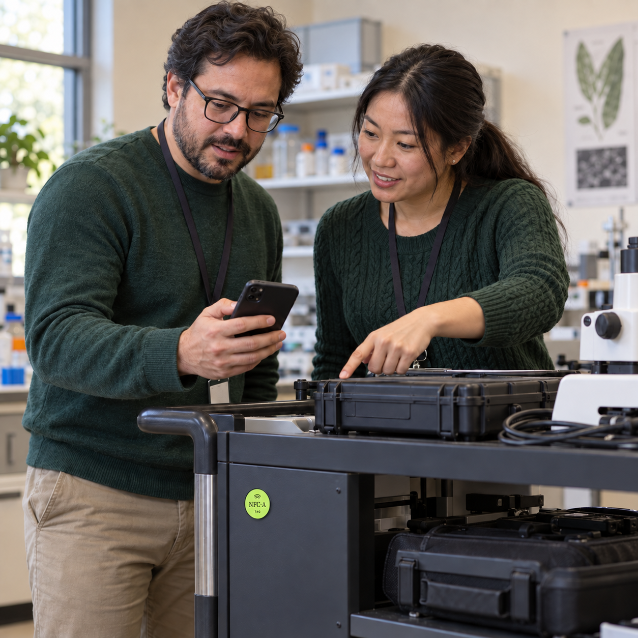 Two department staff members review shared equipment beside a small NFC-A TAG coin attached to its cart.