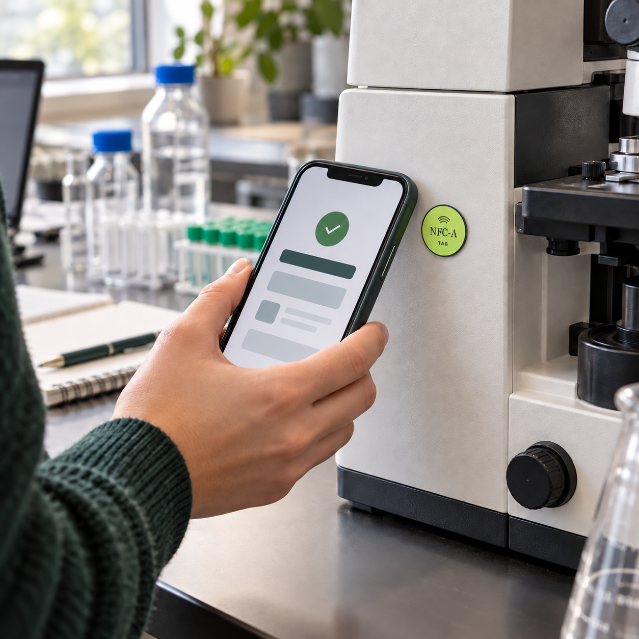 A university equipment administrator holds a phone beside shared lab equipment with a small NFC-A TAG coin attached.