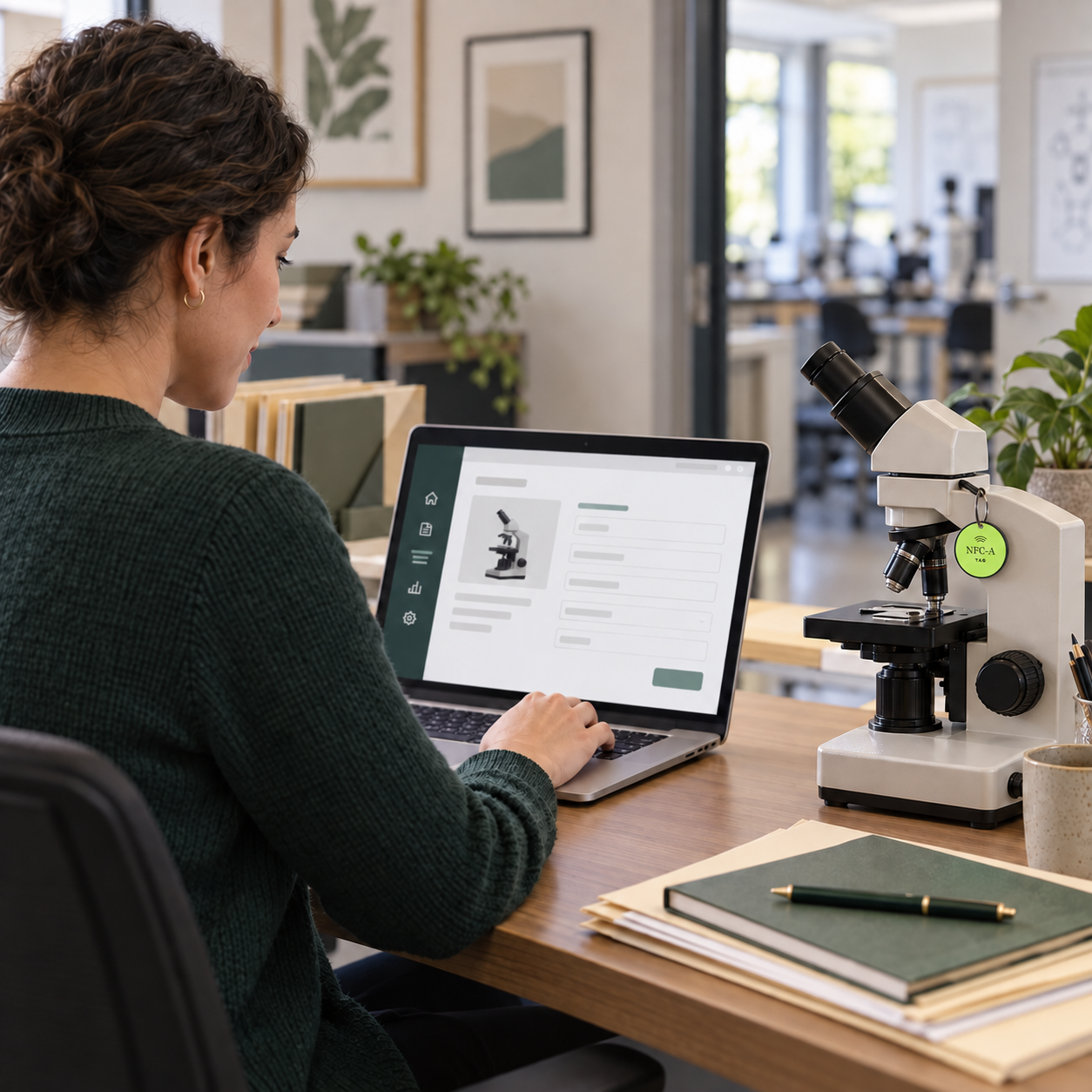 A staff member updates an equipment resource on a laptop beside a microscope marked with a small NFC-A TAG coin.