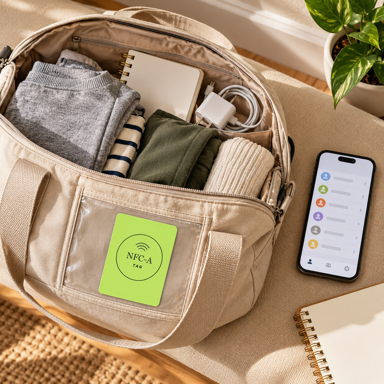An NFC-A TAG card sits in the outside sleeve of a packed hospital bag beside a phone showing generic contact options.