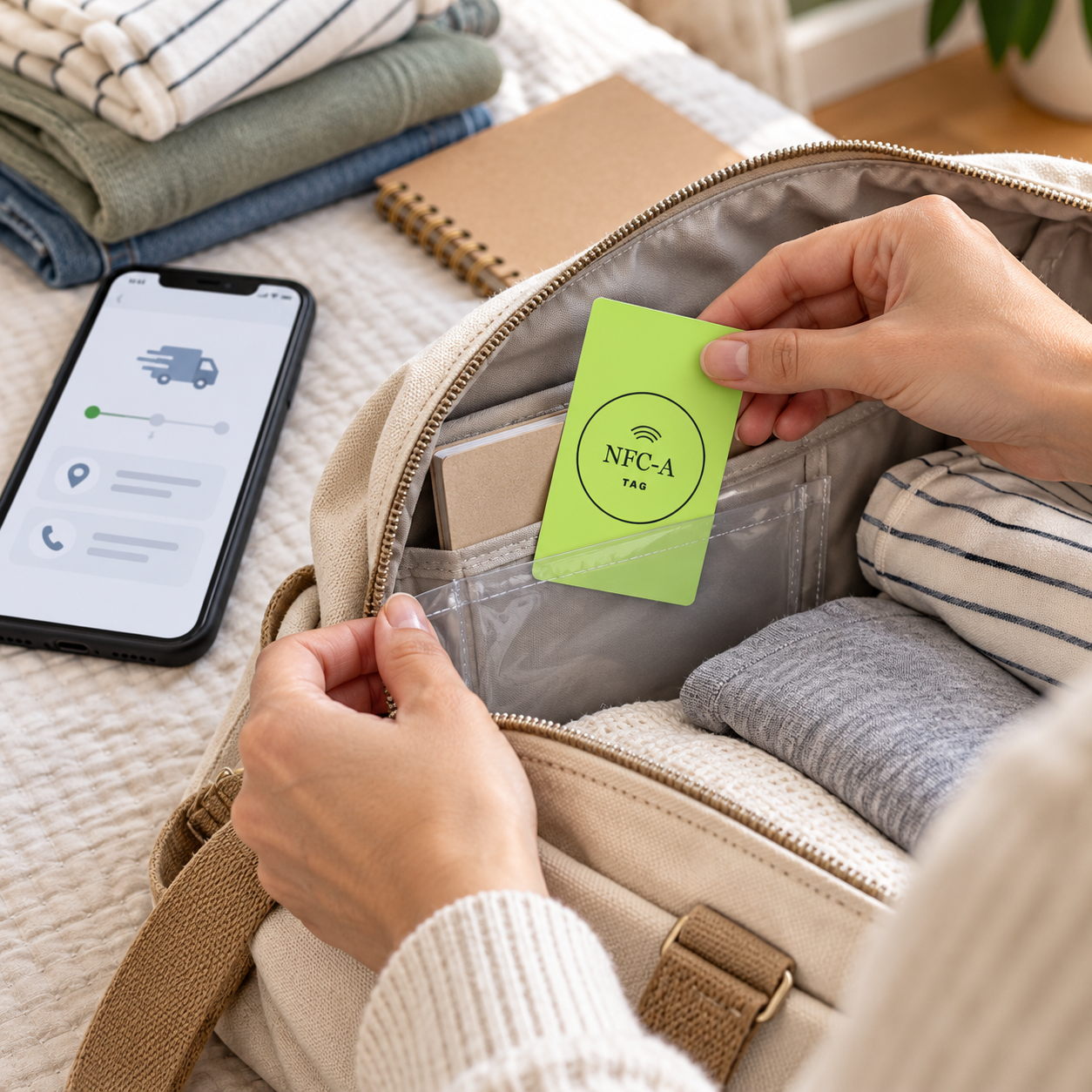 Hands place a lime NFC-A TAG card into a hospital bag document sleeve beside a phone with generic logistics icons.
