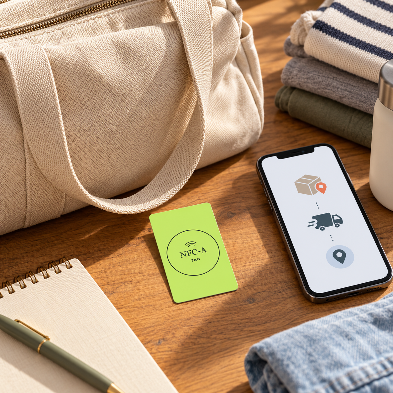A 2 by 3 inch lime NFC-A TAG card rests beside a phone and packed canvas bag on a warm wooden table.