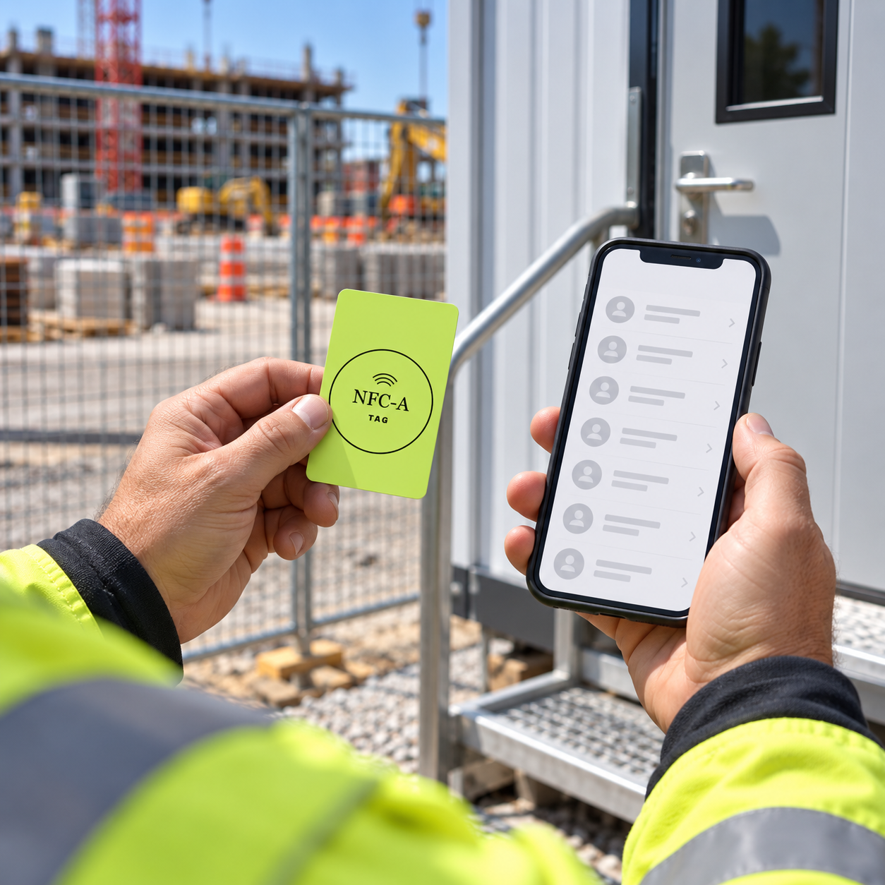 A worker holds a lime 2 by 3 inch NFC tag card and phone outside a construction trailer.
