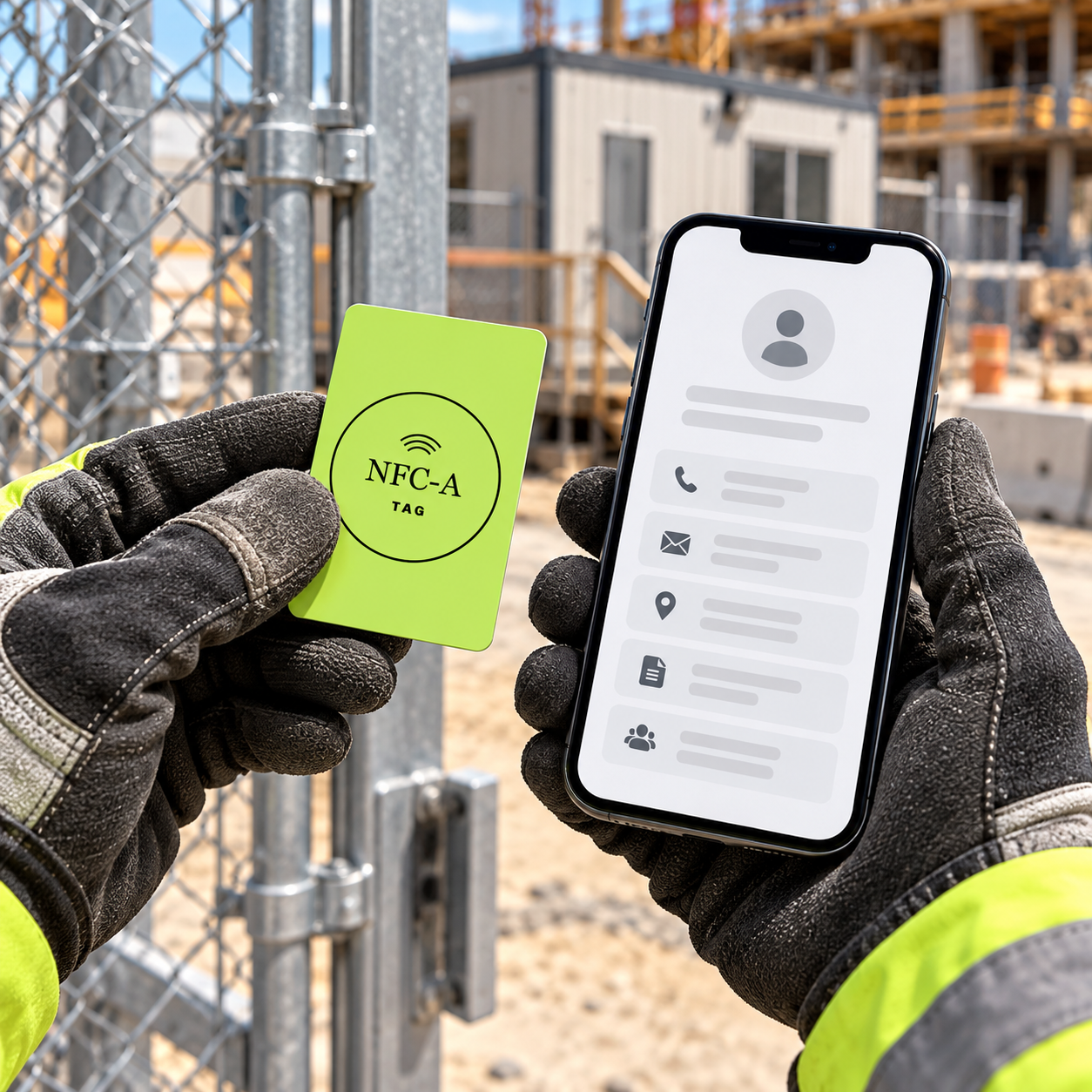 A gloved worker holds a lime NFC contact card beside a phone showing generic jobsite information.