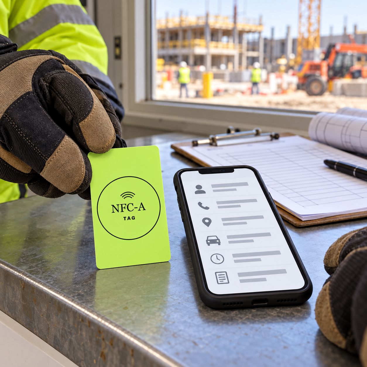 A rigid lime NFC card sits beside a phone with generic project contact and arrival details at a site trailer.