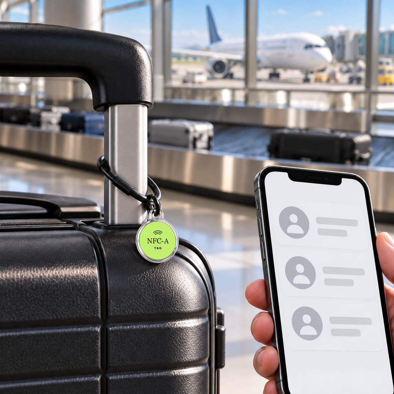 A suitcase beside an airport baggage carousel with a 30 mm NFC-A TAG coin attached to its handle and a phone displaying a generic contact page.