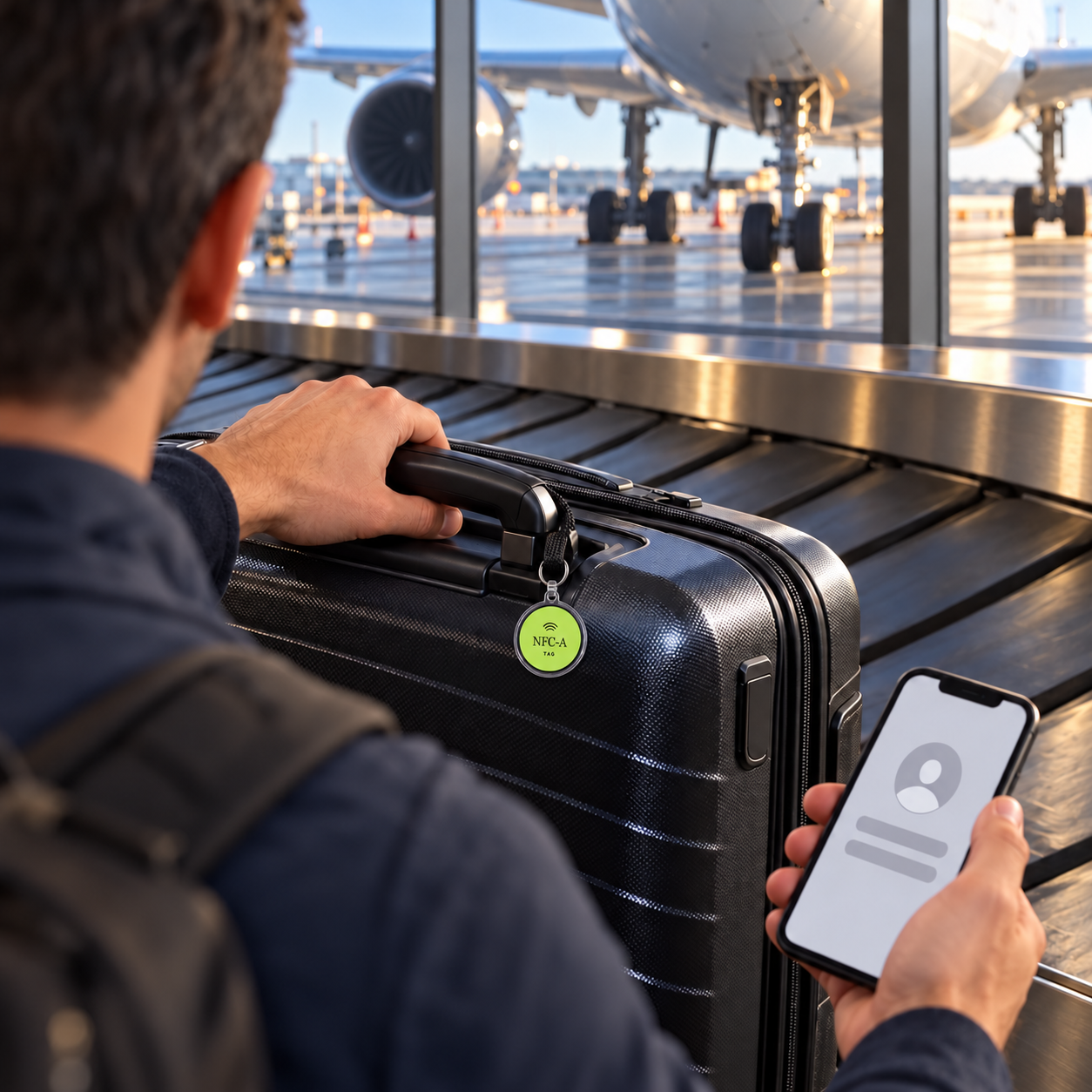 A traveler seen from behind collecting a tagged suitcase at baggage claim, with an aircraft beyond the terminal windows.