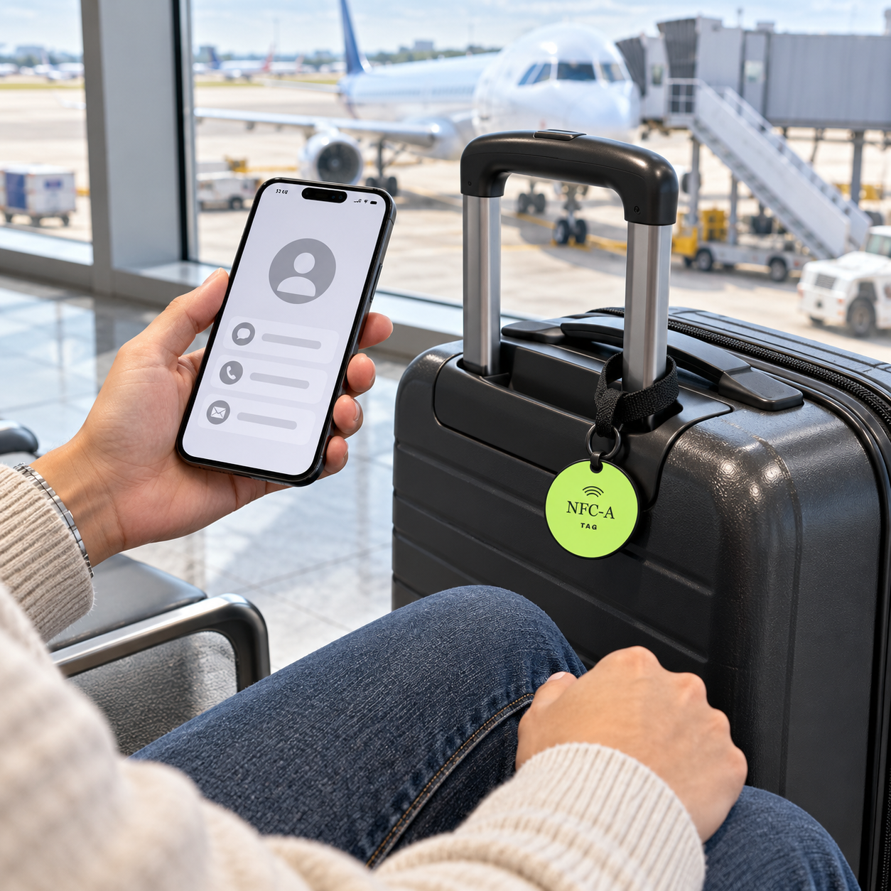 A traveler checks a generic contact page beside carry-on luggage with the approved NFC-A TAG coin on the handle before boarding.
