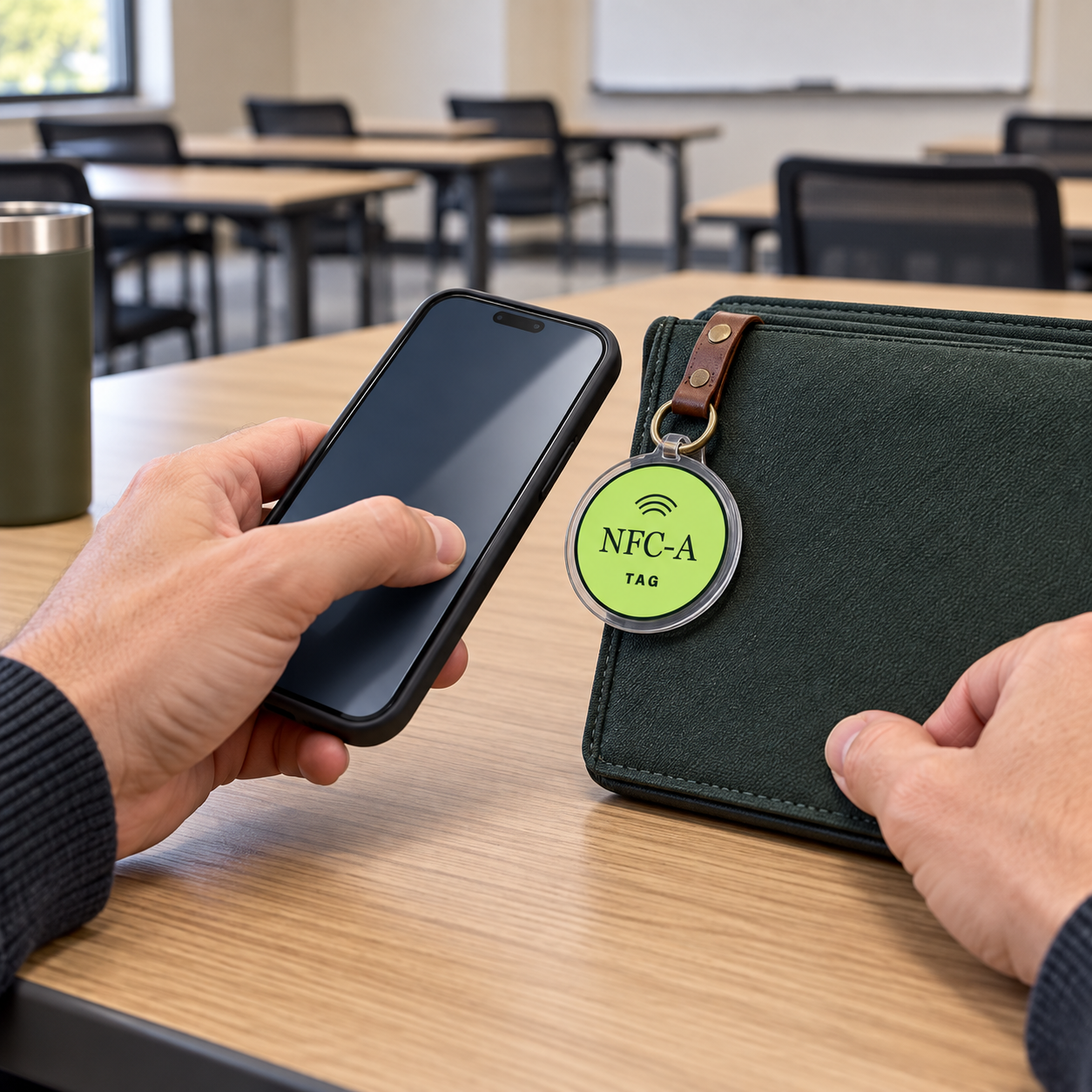 A hand holds a phone near an NFC tag in a clear holder attached to a classroom folio.