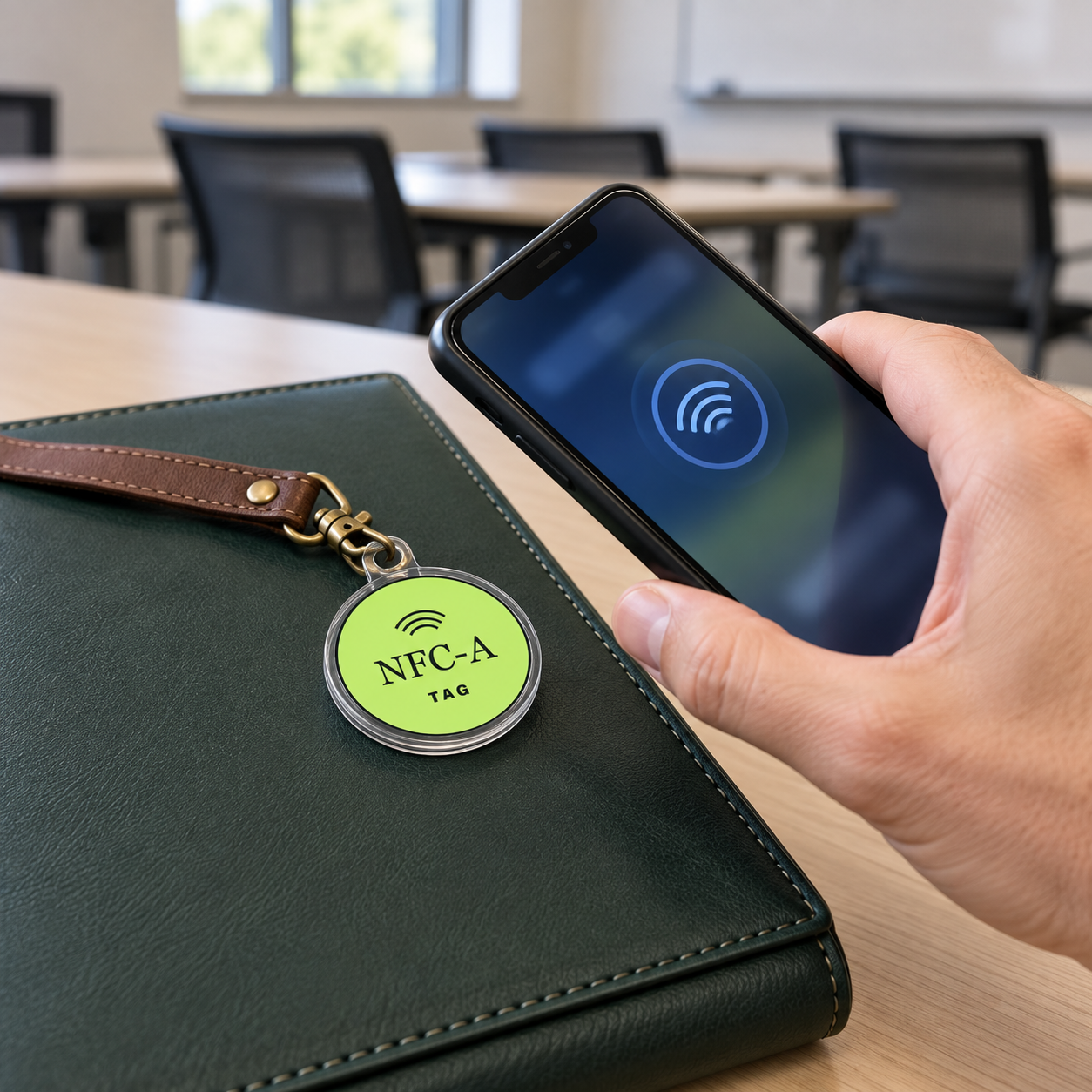 A phone is held beside an NFC tag on a dark instructor folio in a generic classroom.