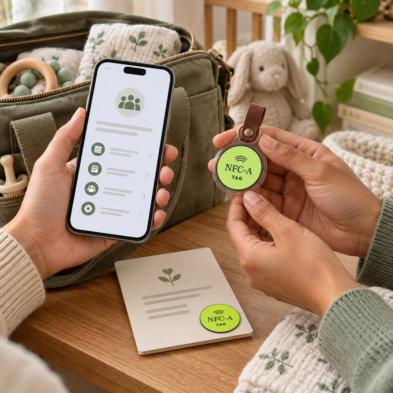 Parent and helper review selected care-circle details beside a packed diaper bag and NFC tag.