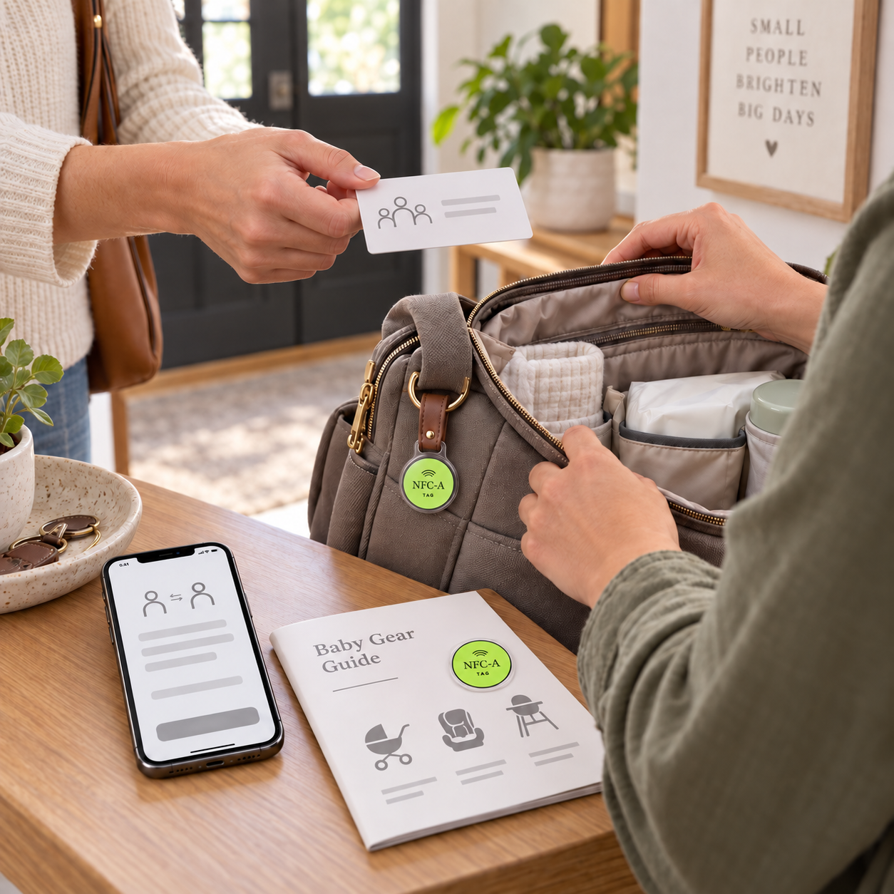 A caregiver passes a care-circle card beside a diaper bag fitted with an NFC key fob.