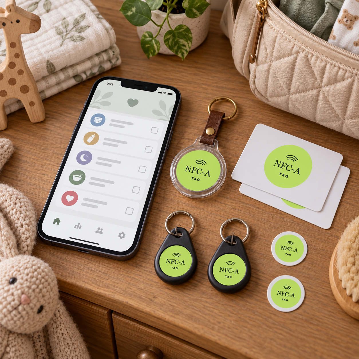 New parent NFC tag system with cards, key fobs, adhesive tags, and a caregiver checklist.