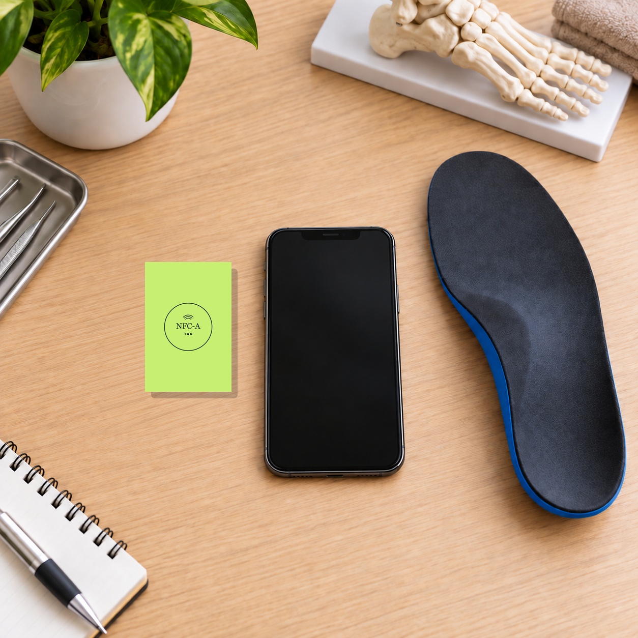 A lime green 2 by 3 inch NFC tap card with the approved NFC-A TAG logo sits beside a phone and orthotic on a clinic desk.