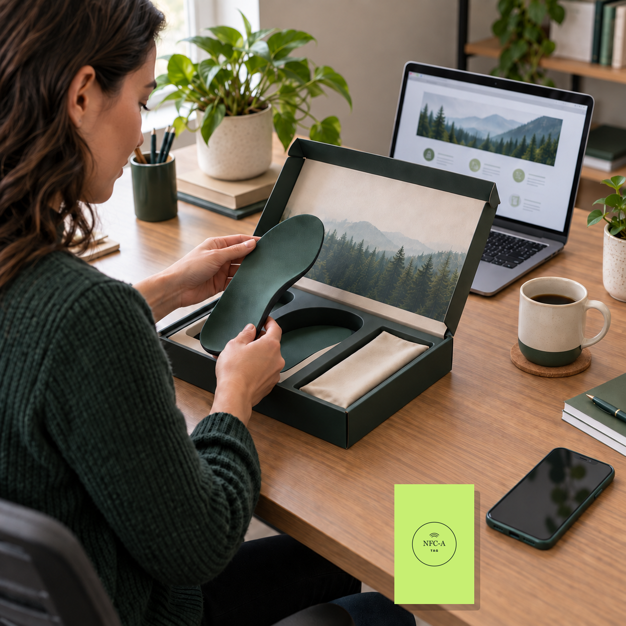 A clinic staff member reviews an orthotic sample at a laptop; a lime green NFC tap card rests beside a phone.