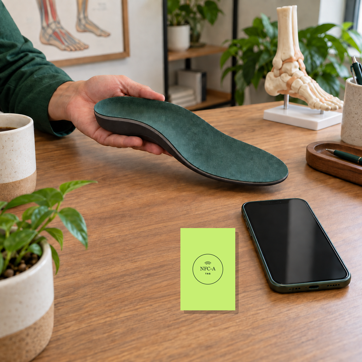 A clinic professional holds a sample foot orthotic above a desk, with a lime green NFC tap card beside a phone.