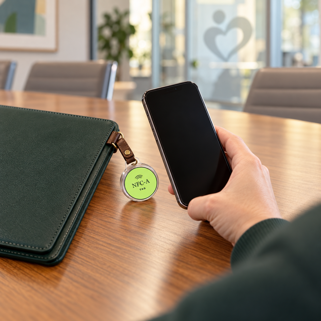 A hand holds a phone beside an NFC tag on a shared quality-improvement folio.