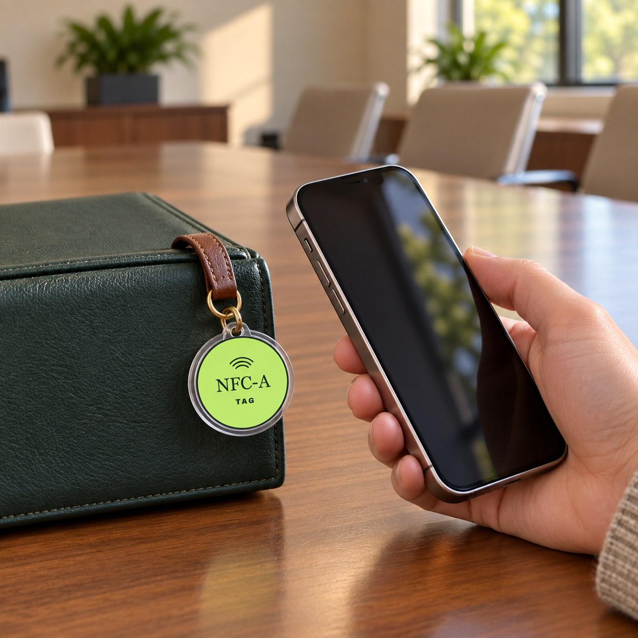 An NFC tag in a clear holder beside a phone on a quality-improvement team folio.