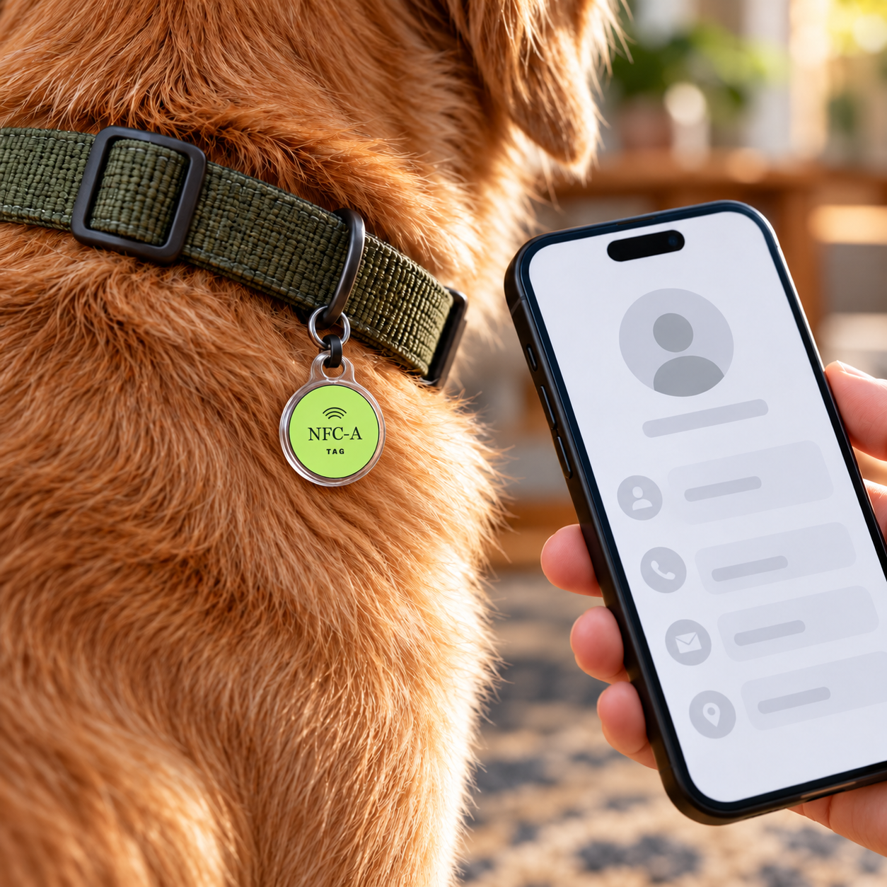 A small lime NFC-A TAG coin in a clear collar holder beside a phone with generic contact-page placeholders; holder is shown as a prop.