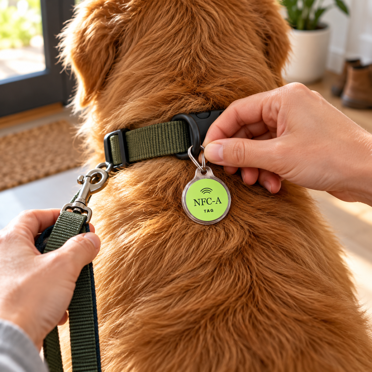 Hands attach a lime NFC-A TAG coin in a clear holder to a dog collar; holder and attachment are illustrative props.