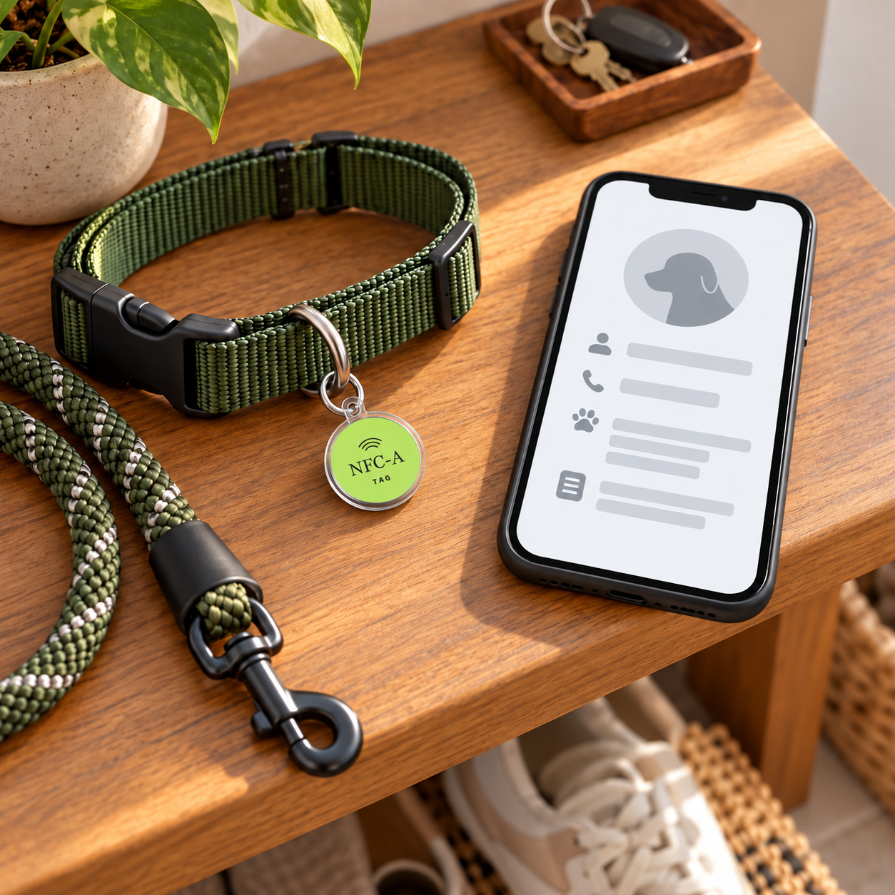 A lime NFC-A TAG coin on a dog collar beside a smartphone showing generic pet contact and care-note placeholders.