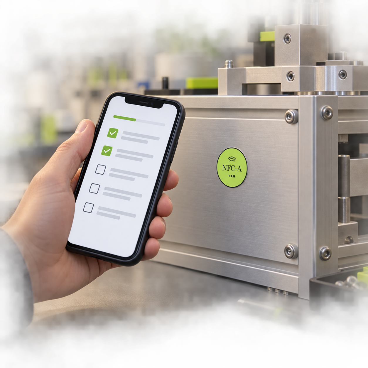 A phone displays a generic setup checklist beside a nonclinical R&D test fixture marked with an NFC-A TAG coin.