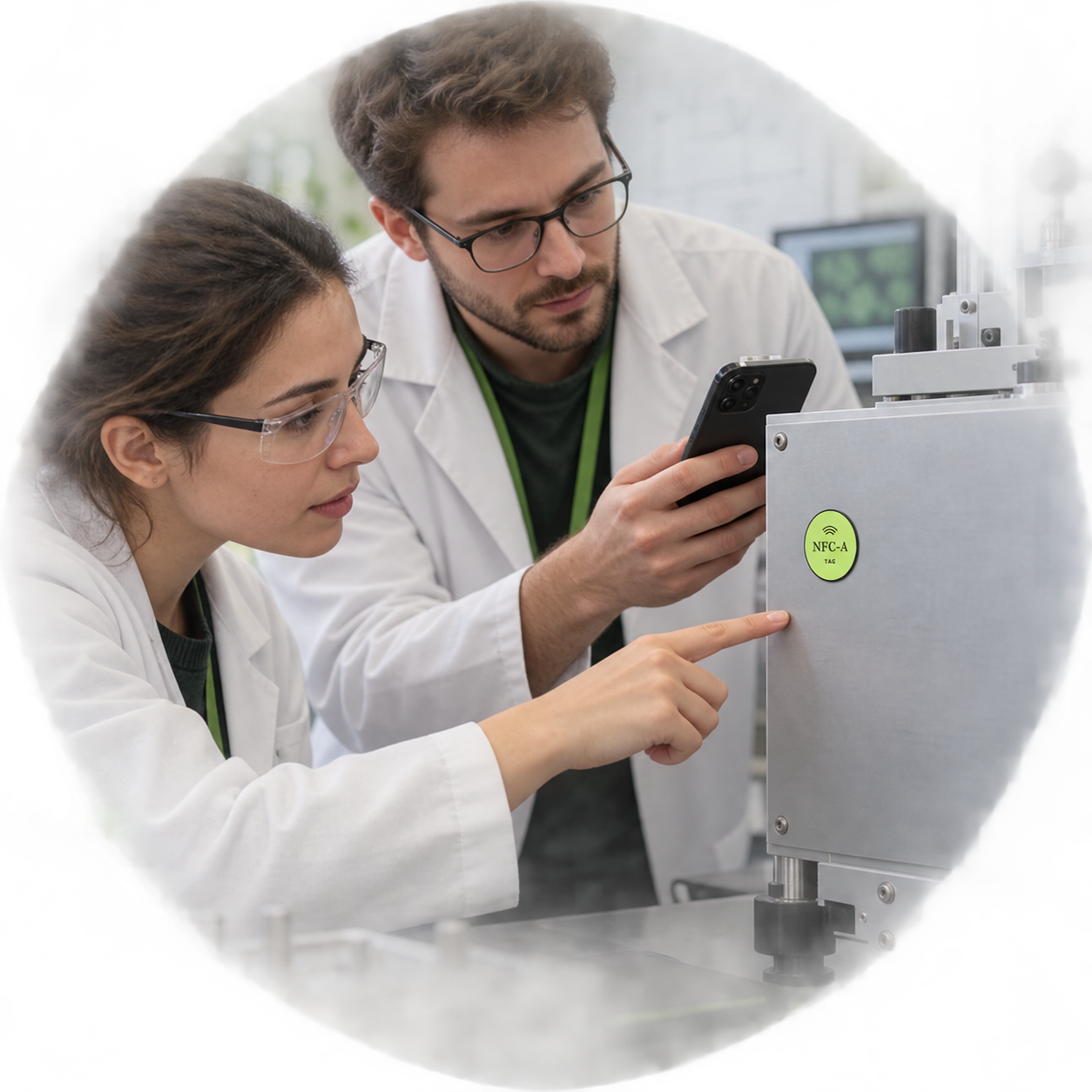 Two fictional engineers review a nonclinical test fixture and its NFC-A TAG coin.
